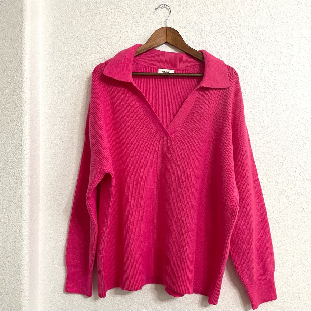 On 34th Womens Sweater Barbie Pink Collared Pullover V Neck Plus Size 2X